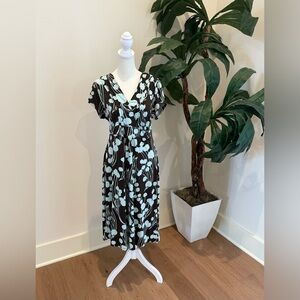 Vintage Brown and Blue Floral Midi Dress
